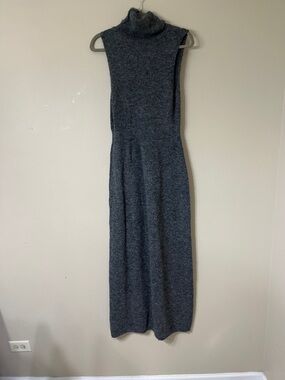 Sleeveless Turtleneck Maxi Dress in Charcoal Gray Polyester and Wool